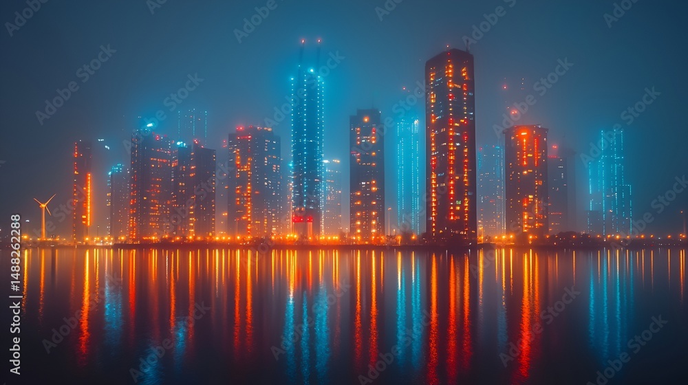 Fototapeta premium Misty Night Cityscape Reflections