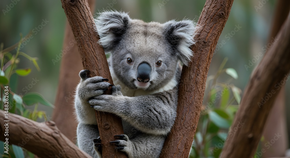 Obraz premium Cute koala bear clinging to tree branch portrait wildlife animal photography nature conservation australia on transparent background