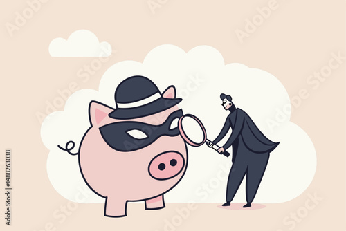 Financial crime, fraud, Ponzi scheme or illegal business, money laundering or fake investment concept, detective man with magnifying glass investigate on pink piggy bank wearing criminal mask.