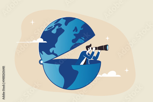 World economic vision or international opportunity for business, work or investment, searching for oversea business concept, smart businessman open globe using binoculars looking for future vision.