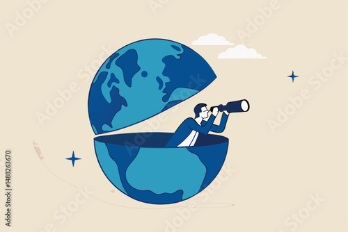 World economic vision or international opportunity for business, work or investment, searching for oversea business concept, smart businessman open globe using binoculars looking for future vision.