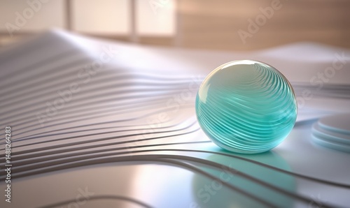 Teal glass sphere on abstract white surface, serene background, product display
