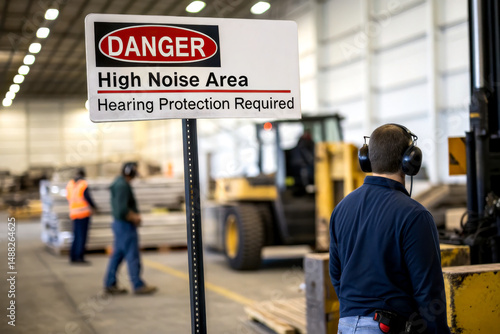 Workers wearing hearing protection in a noisy industrial warehouse with a high noise area warning sign.