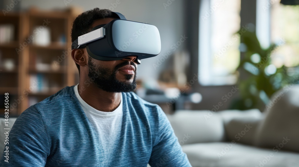 An African-American man immerses in a virtual world using a VR headset at home An African-American man immerses in a virtual world using a VR headset at home