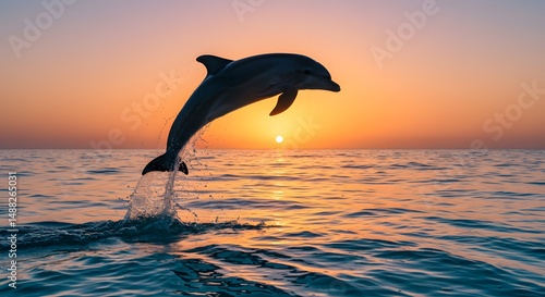 Fototapeta Naklejka Na Ścianę i Meble -  Dolphin jumping out of ocean at sunset wildlife photography marine mammal aquatic animal sea life nature photo on transparent background