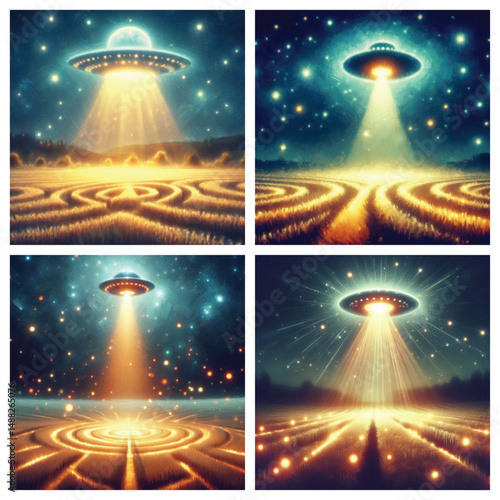 UFO descending over illuminated crop circles in starry night sky  