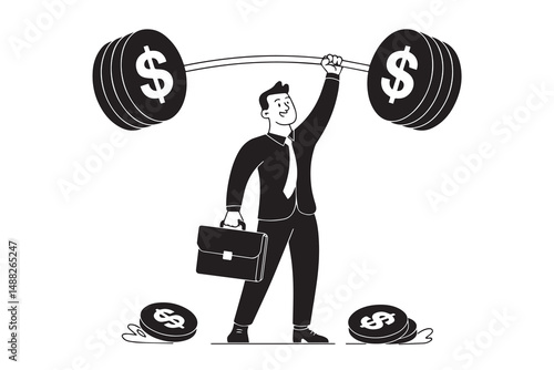 Businessman Lifting Barbell with Dollar Weights