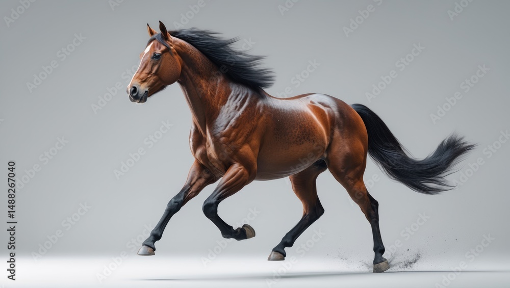 Fototapeta premium Bay horse sprinting in a gallop against a plain background