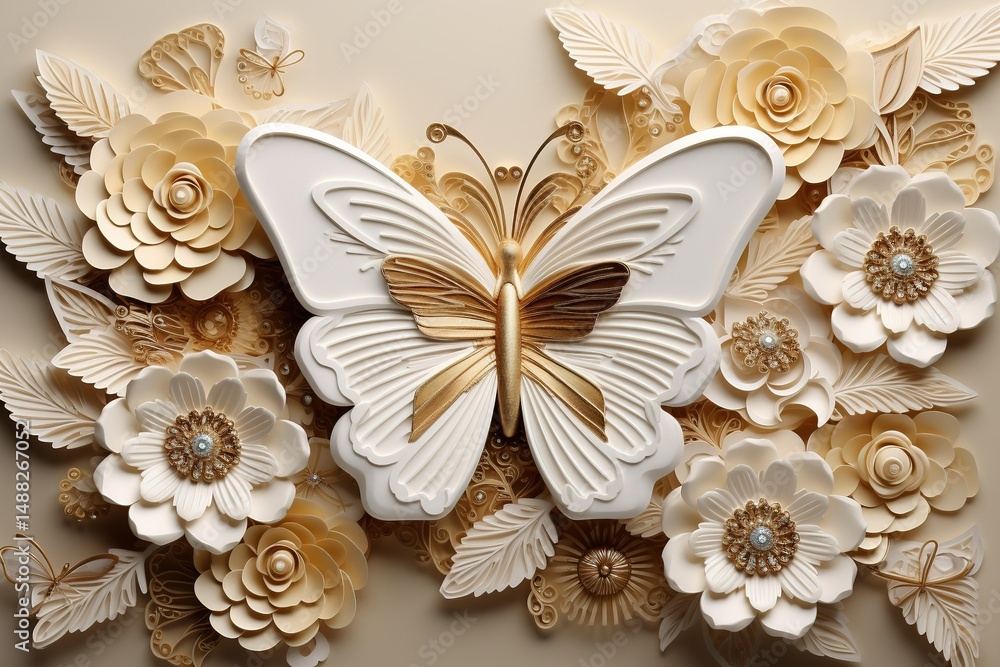 3D wallpaper golden jewelry flower and butterfly with texture background design 3D wallpaper golden jewelry flower and butterfly with texture background design