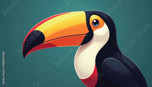 Colorful toucan bird illustration with vibrant beak on teal background  