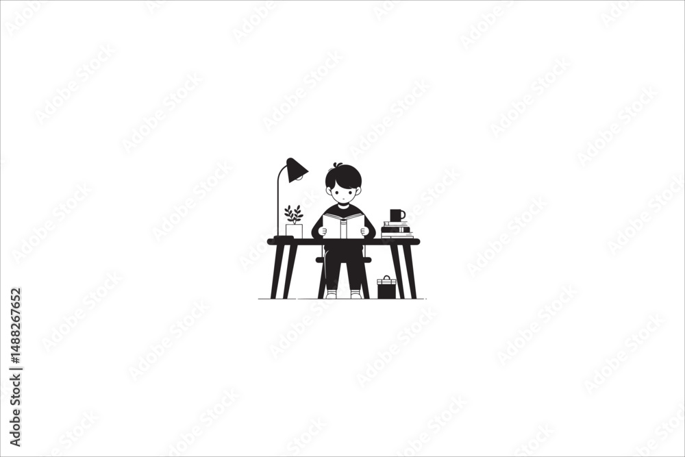 Fototapeta premium a boy read on the table silhouette with a simple, understated design set against a white background
