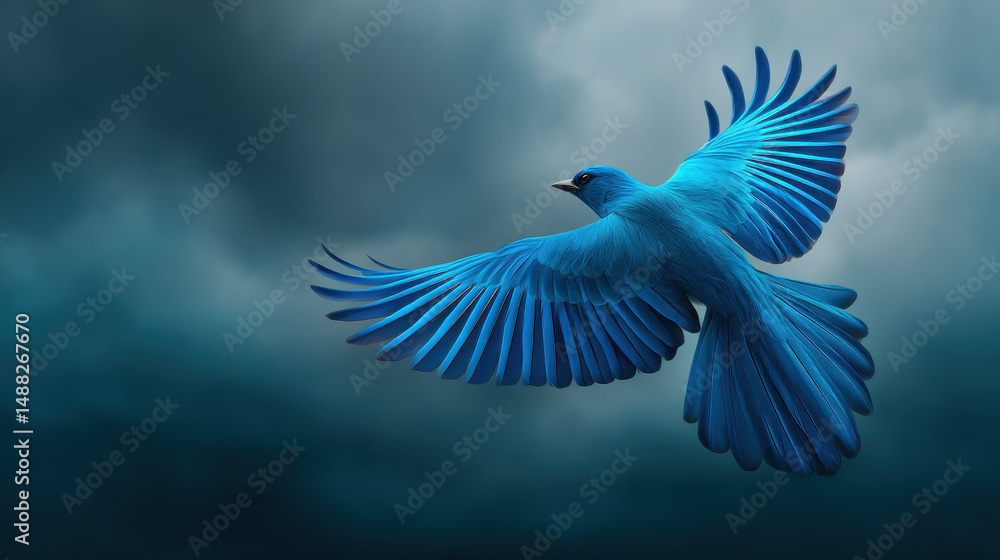 Obraz premium A vibrant blue bird soars powerfully through the dramatic sky, its wings gracefully spread captu the essence of freedom and untamed beauty of nature.