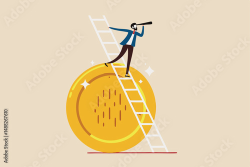 Cryptocurrency investment opportunity, vision to discover high profit crypto coin, future growth or best performance token concept, businessman with telescope climb up crypto coin to see opportunity.