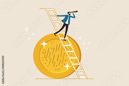Cryptocurrency investment opportunity, vision to discover high profit crypto coin, future growth or best performance token concept, businessman with telescope climb up crypto coin to see opportunity.