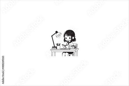 a gril read on the table silhouette with a simple, understated design set against a white background
