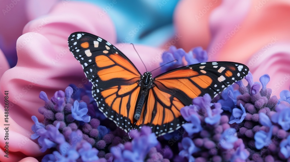 Obraz premium Colorful Monarch Butterfly Perched on Vibrant Purple Flowers Against Soft Pastel Backgrounds