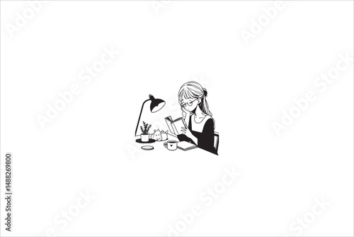 a gril read on the table silhouette with a simple, understated design set against a white background