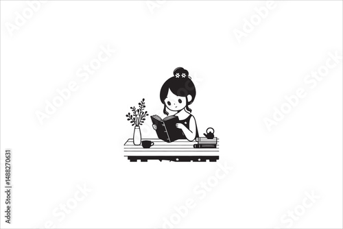 a gril read on the table silhouette with a simple, understated design set against a white background