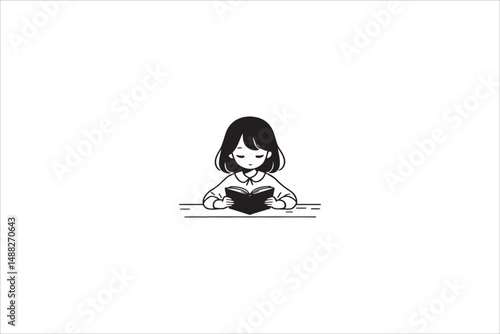 a gril read on the table silhouette with a simple, understated design set against a white background