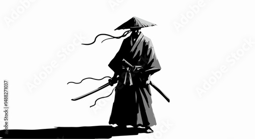 A lone samurai standing stoically, with robes flowing in the wind, painted in expressive black ink strokes. Powerful and dignified, in traditional Japanese brush style