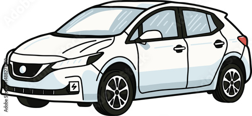 This is a cartoon-style illustration of a white electric car, viewed from the front side.