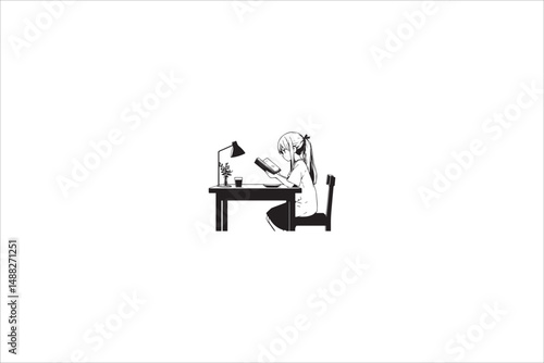 a gril read on the table silhouette with a simple, understated design set against a white background