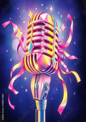 microphone, metallic microphone, vibrant colors, music 