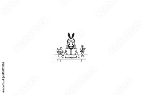 a gril read on the table silhouette with a simple, understated design set against a white background
