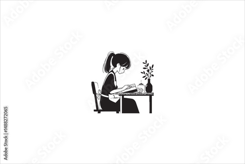 a gril read on the table silhouette with a simple, understated design set against a white background