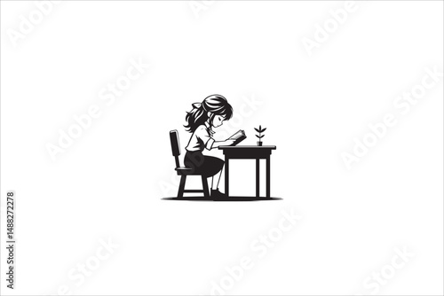 a gril read on the table silhouette with a simple, understated design set against a white background