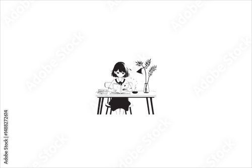 a gril read on the table silhouette with a simple, understated design set against a white background