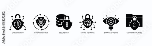 Security And Innovation Icon Set Isolated Vector With Icon Of Cybersecurity, Innovation Hub, Secure Data, Secure Network, Strategic Vision, Confidential Files In Glyph Style
