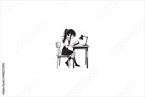 a gril read on the table silhouette with a simple, understated design set against a white background