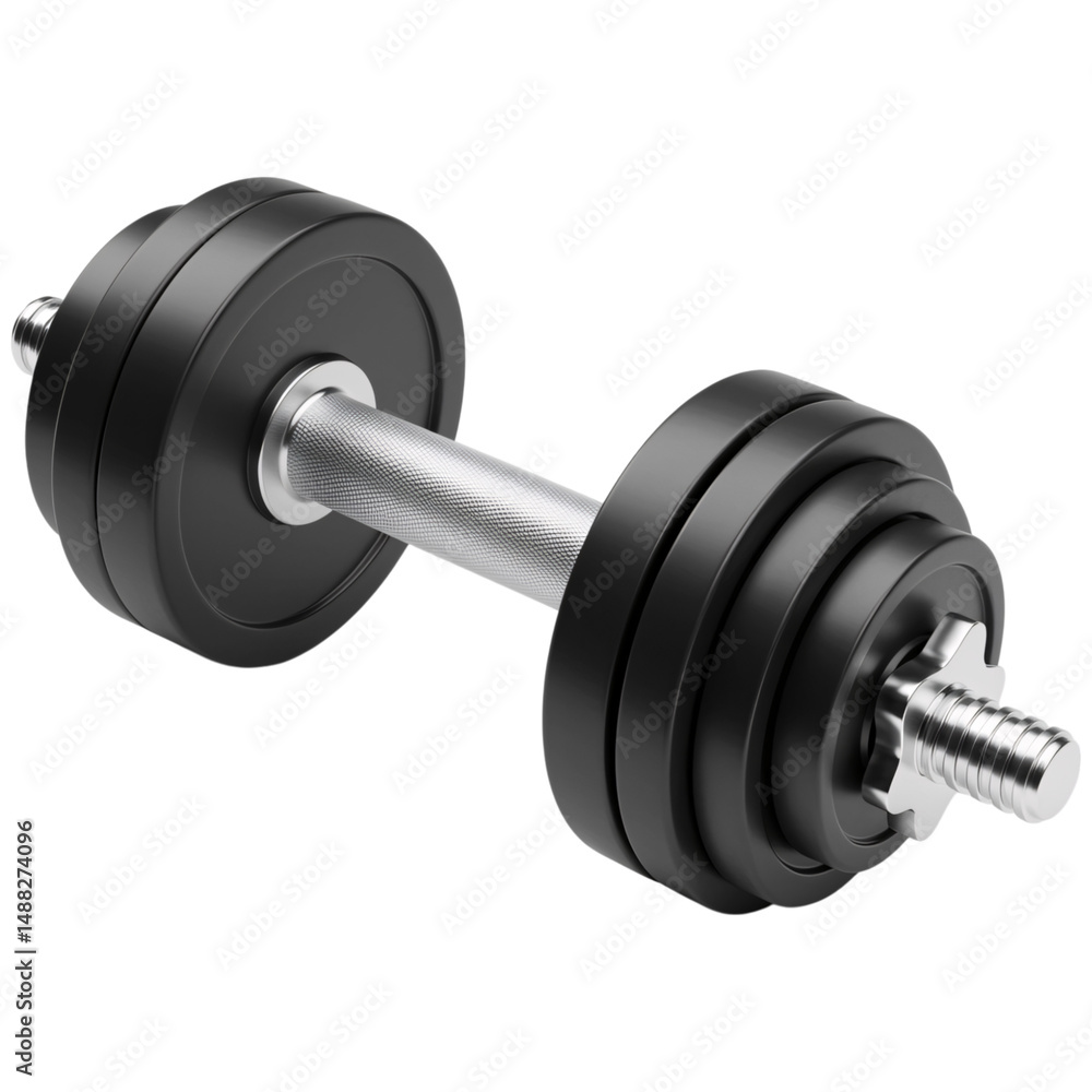 Naklejka premium Dumbbell with black weights and chrome bar isolated on a transparent background