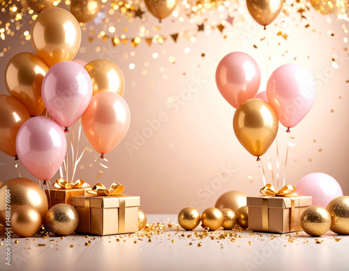 Birthday gift box with balloons, birthday background.