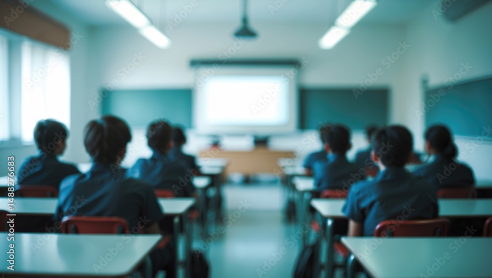 Fototapeta premium Classroom background with blurred students in attendance during an educational lecture