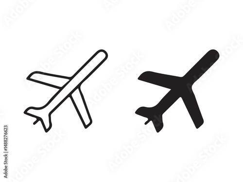 Two simple black and white airplane icons for travel or transportation.