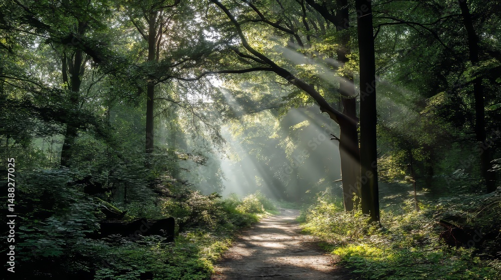 Obraz premium Sunbeams Illuminating Forest Path
