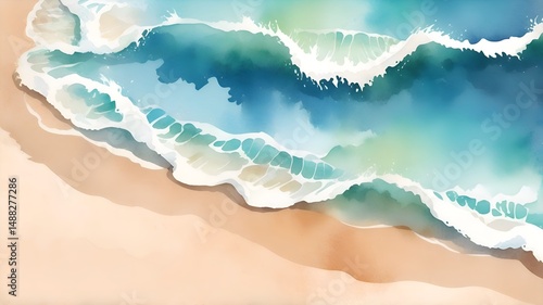 Watercolor illustration of sand beach and sea. Artistic natural painting abstract background. Ocean Waves Watercolor Painting illustration painting background. Blue Ocean Waves.