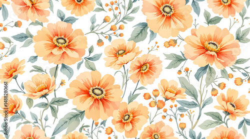 Delicate blooming flowers repeat on soft white backdrop