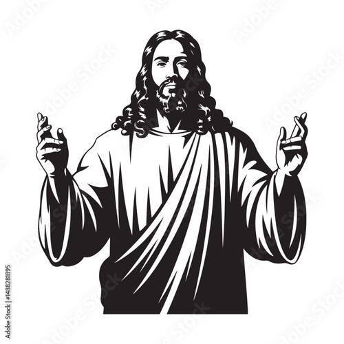 Black Jesus Christ with flowing hair and beard, Vector black silhouette. with white background