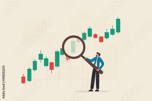 Stock market graph analysis, crypto trader trend line or finding buy and sell indicator, investment, forex trade or make profit concept, businessman investor holding magnifier analyze investment graph