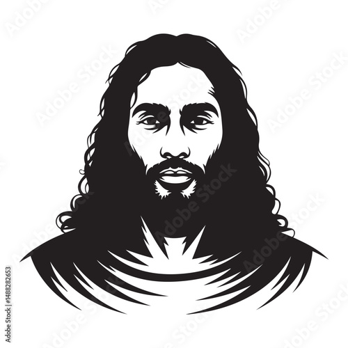 Black Jesus Christ with flowing hair and beard, Vector black silhouette. with white background