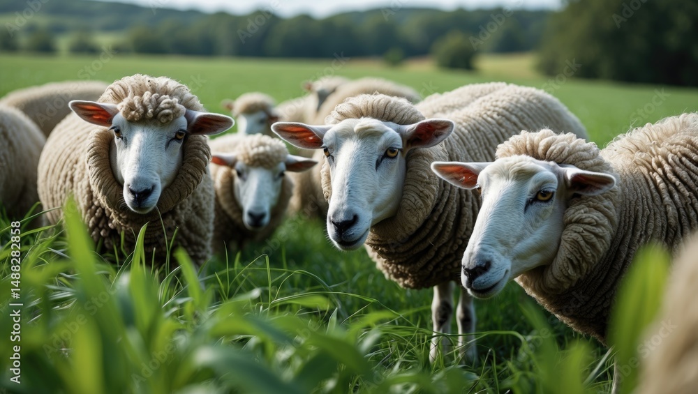 Fototapeta premium Unshorn sheep in a pasture eating grass.