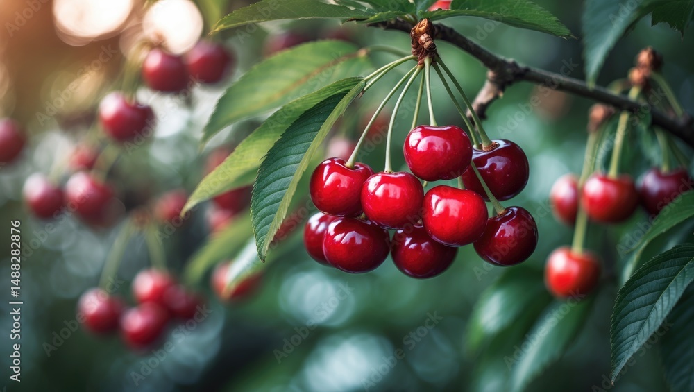 Obraz premium Close-up view of a group of sour cherries on a tree