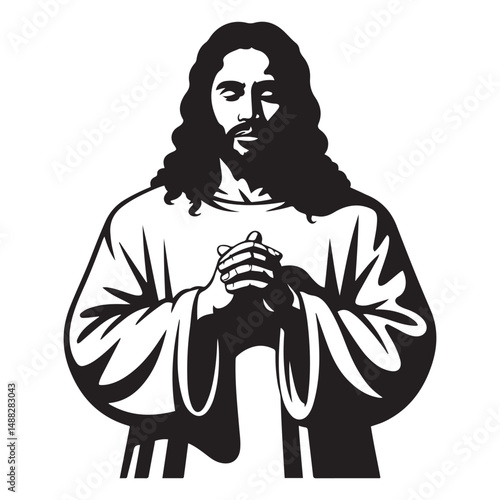 Black Jesus Christ with flowing hair and beard, Vector black silhouette. with white background