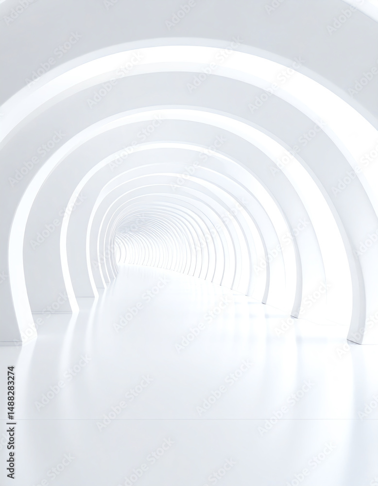 Fototapeta premium A modern, minimalist tunnel with illuminated arches creating a futuristic ambiance and leading into a bright, endless space