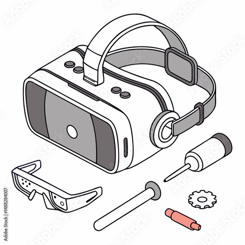 Virtual reality headset with accessories and parts