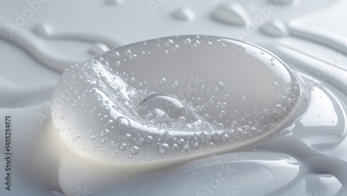 Texture of cosmetic serum. Isolated drop of clear white gel liquid on background. Closeup of skincare beauty product swatch featuring bubbles.
