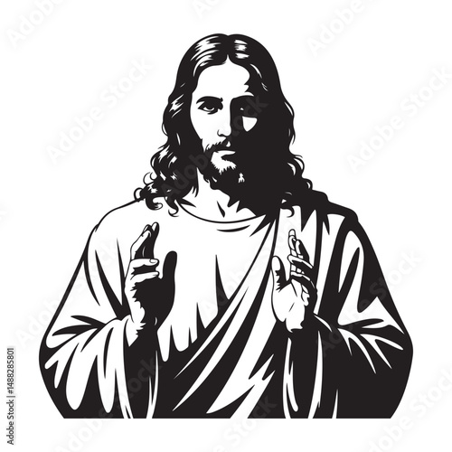 Black Jesus Christ with flowing hair and beard, Vector black silhouette. with white background